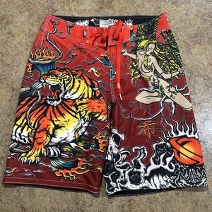 Y2k Vintage Lost Mayhem Boardshorts Size 33 Tiger Women Rare Swim Surf Trunks